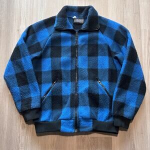 Men's Vintage 80's Polar Fleece Blue Black Flannel Zip Up Bomber Jacket Sz Small